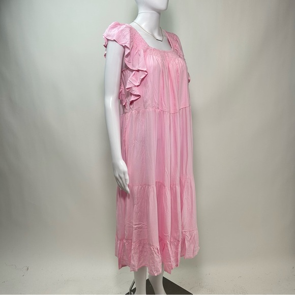 NEW! Petal & Pup Kacper Dress in Pink Tiered Relaxed Fit On/Off Shoulder Midi - Picture 6 of 17